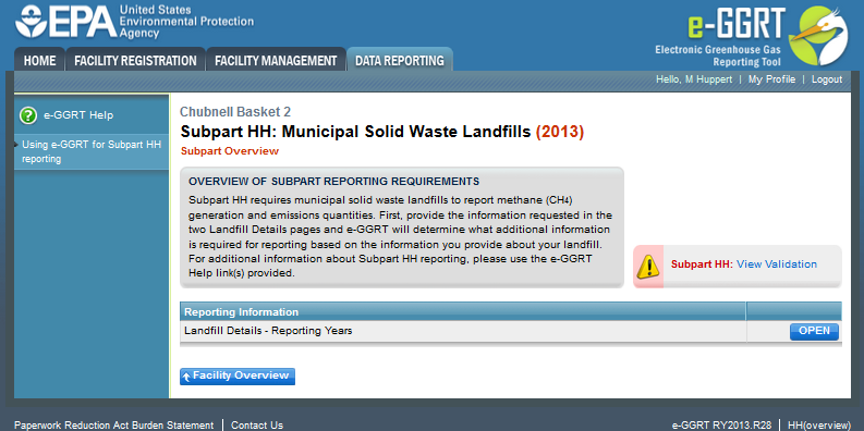 Image of Subpart HH initial screen